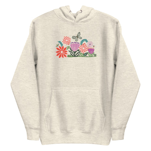 Bloom woodblock-style flowers with a butterfly, ladybug and bee on a pullover hoodie in natural heather, front view – Kate Spain design