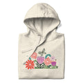 Bloom woodblock-style flowers with a butterfly, ladybug and bee on a pullover hoodie in natural heather, folded close-up of the design – Kate Spain design