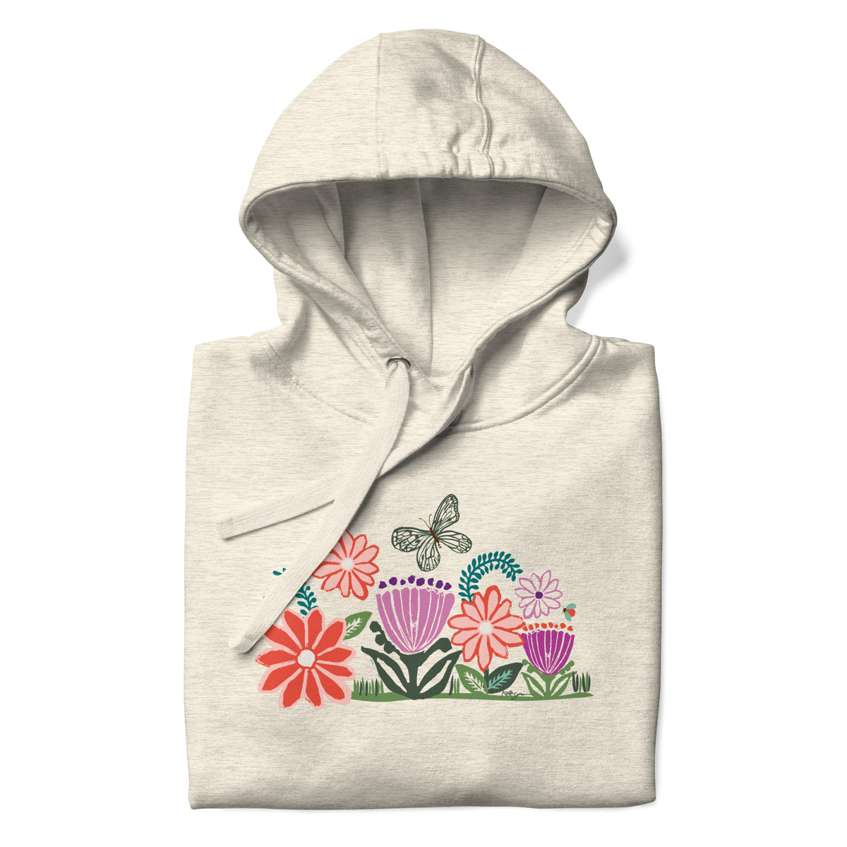 Bloom woodblock-style flowers with a butterfly, ladybug and bee on a pullover hoodie in natural heather, folded close-up of the design – Kate Spain design