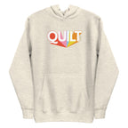 Moda QUILT logo with orange, pink, blue and yellow rays on a premium hoodie in natural heather, front view – Kate Spain design