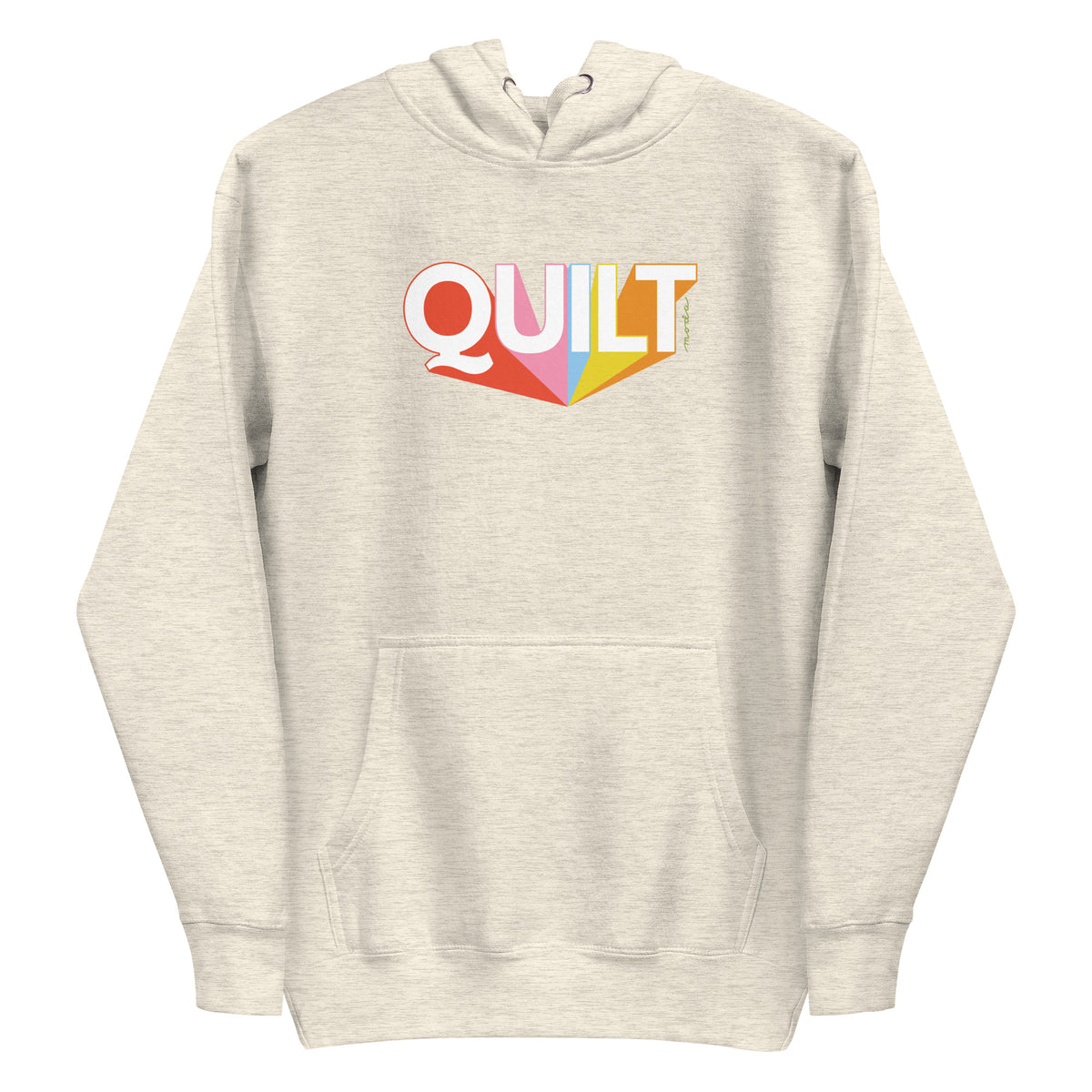 Moda QUILT logo with orange, pink, blue and yellow rays on a premium hoodie in natural heather, front view – Kate Spain design