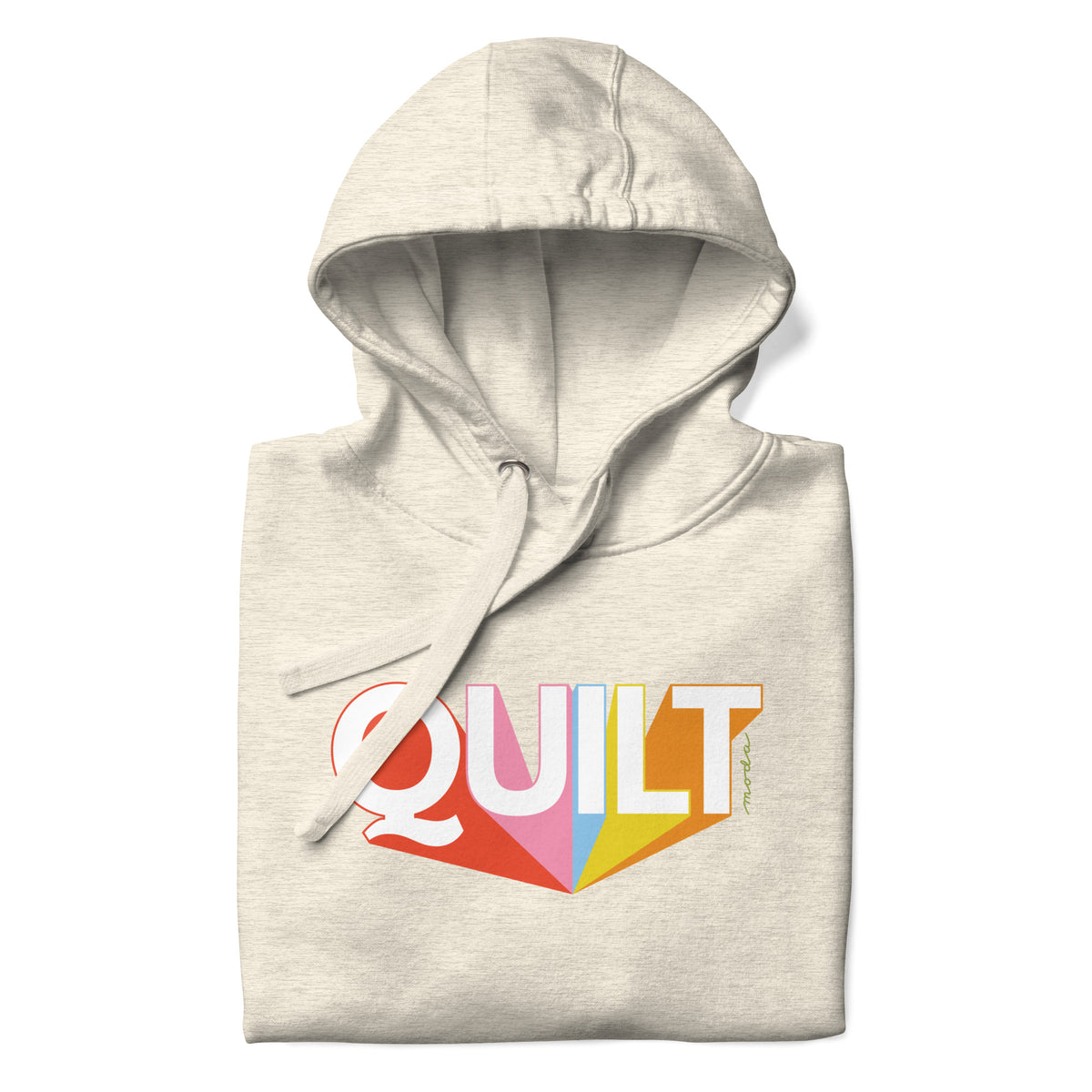 Moda QUILT logo with orange, pink, blue and yellow rays on a premium hoodie in natural heather, folded close-up of the design – Kate Spain design
