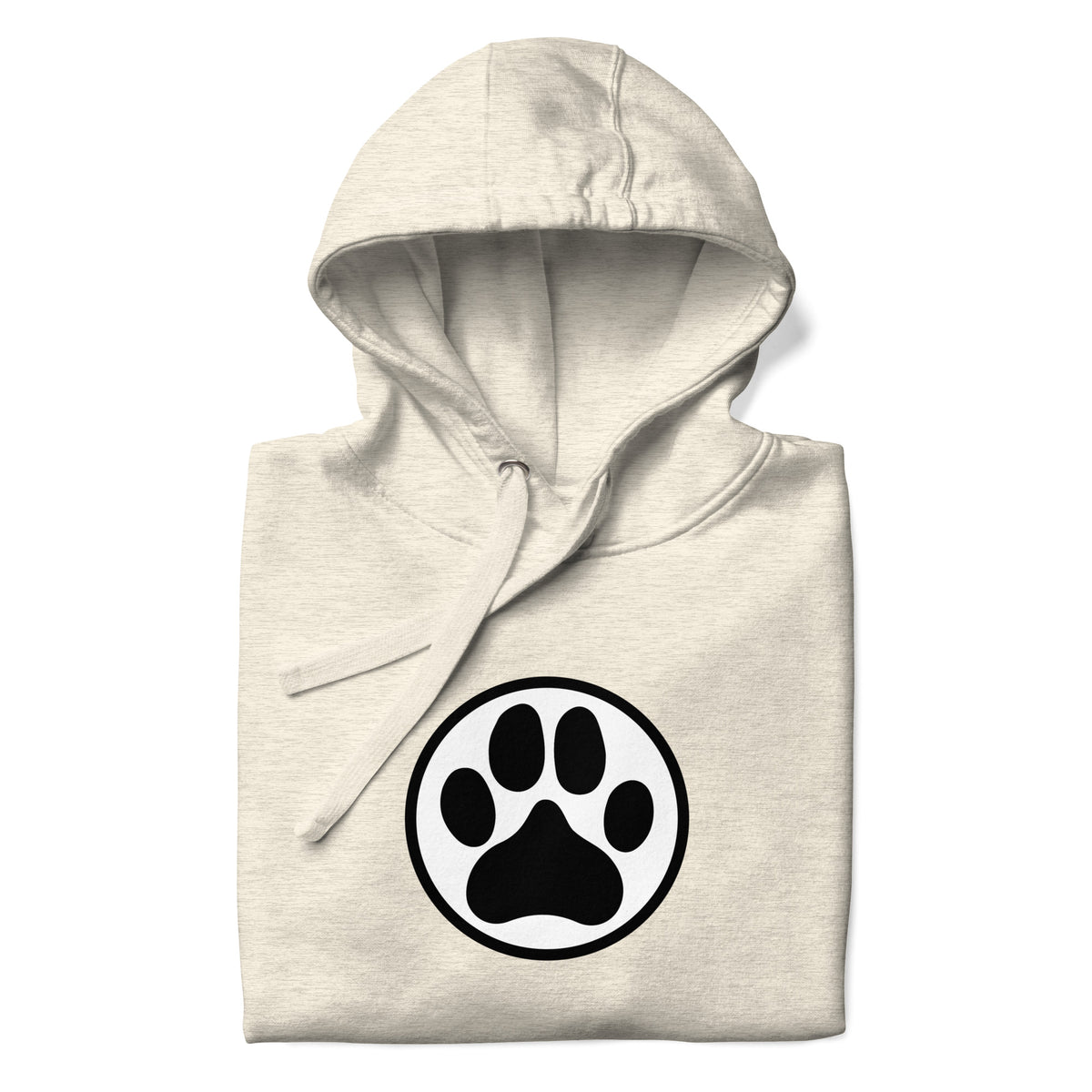 Law of the Paw® dog paw print on a pullover hoodie in natural heather, folded close-up of the design – Kate Spain design