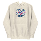 United We Quilt patchwork heart with quilt stars on a premium hoodie in natural heather, front view – Kate Spain design for Pat Sloan