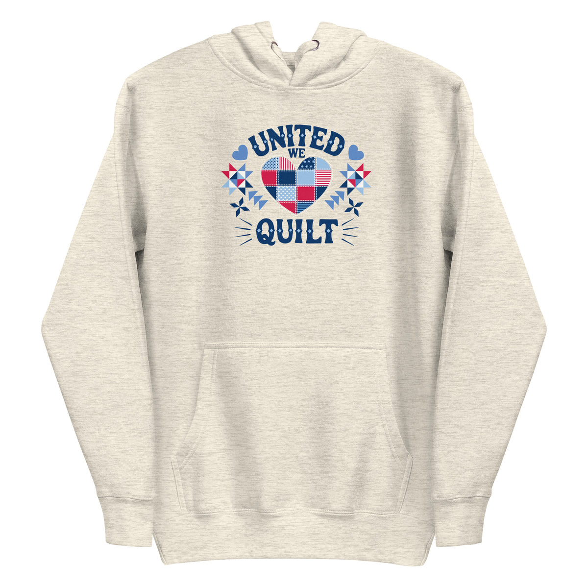 United We Quilt patchwork heart with quilt stars on a premium hoodie in natural heather, front view – Kate Spain design for Pat Sloan