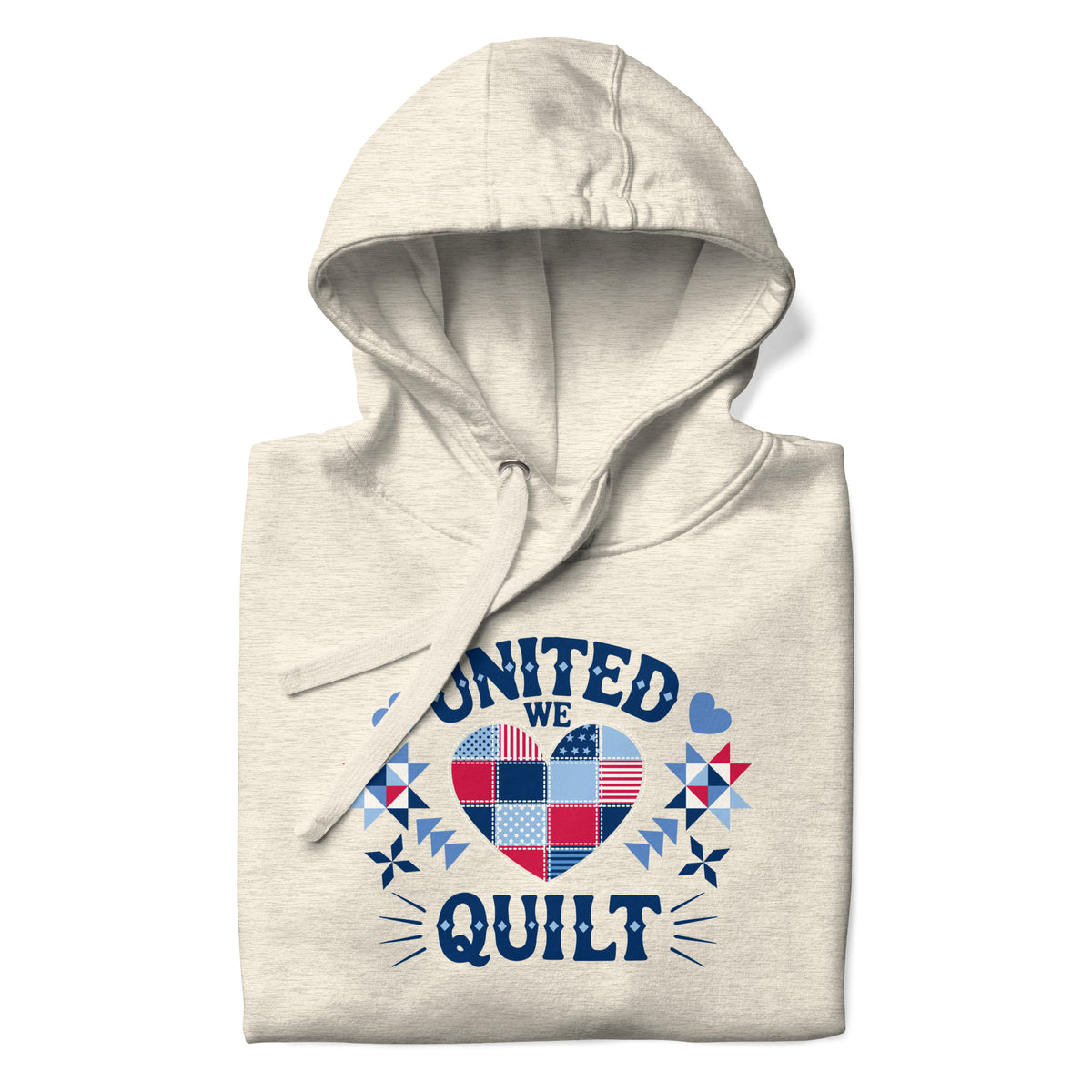 United We Quilt patchwork heart with quilt stars on a premium hoodie in natural heather, folded close-up of the design – Kate Spain design for Pat Sloan