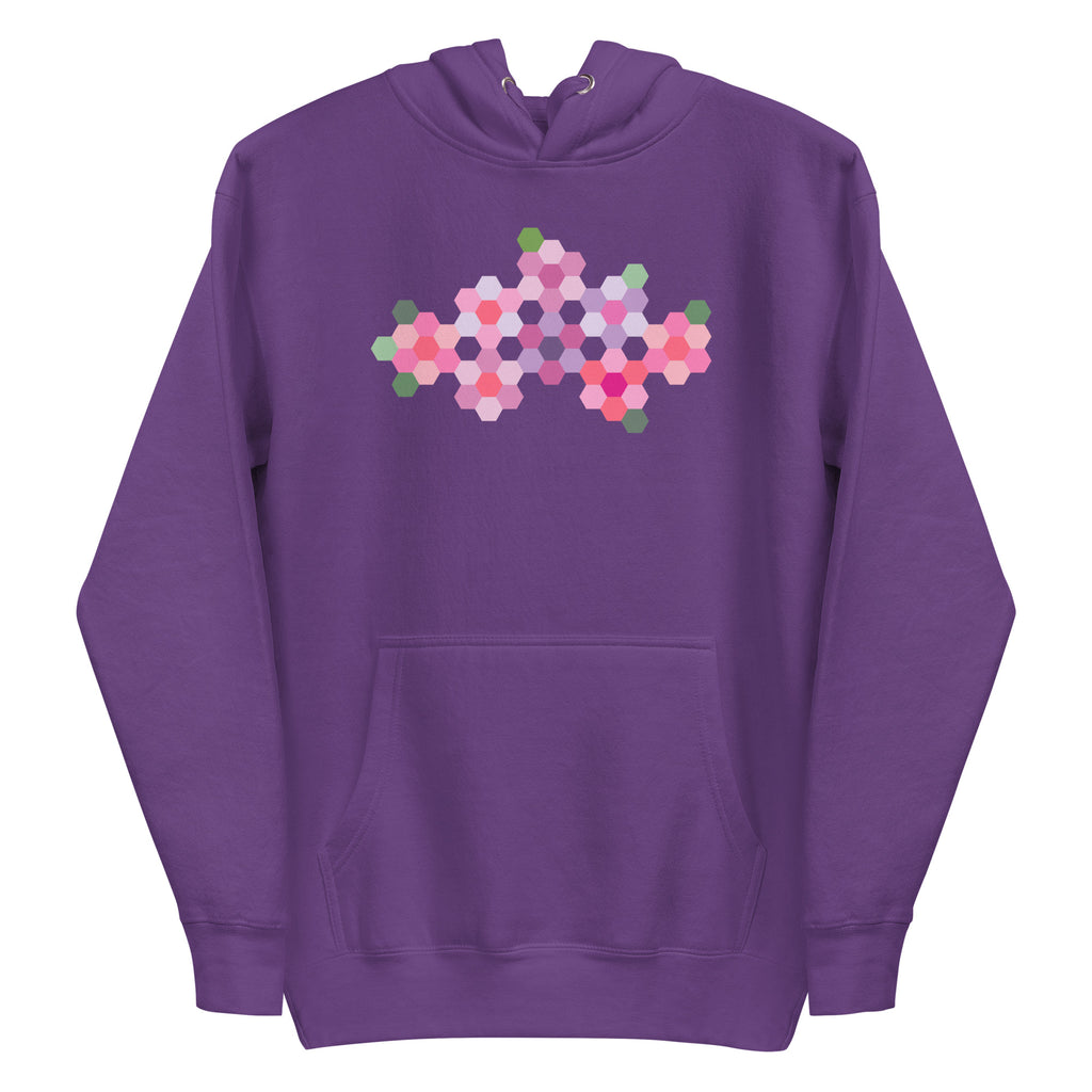 Pink GeoFlora hexagon flowers in pinks, mauves and sage on a pullover hoodie in purple, front view – Kate Spain design for Pat Sloan