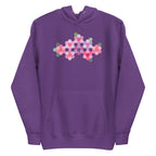 Pink GeoFlora hexagon flowers in pinks, mauves and sage on a pullover hoodie in purple, front view – Kate Spain design for Pat Sloan