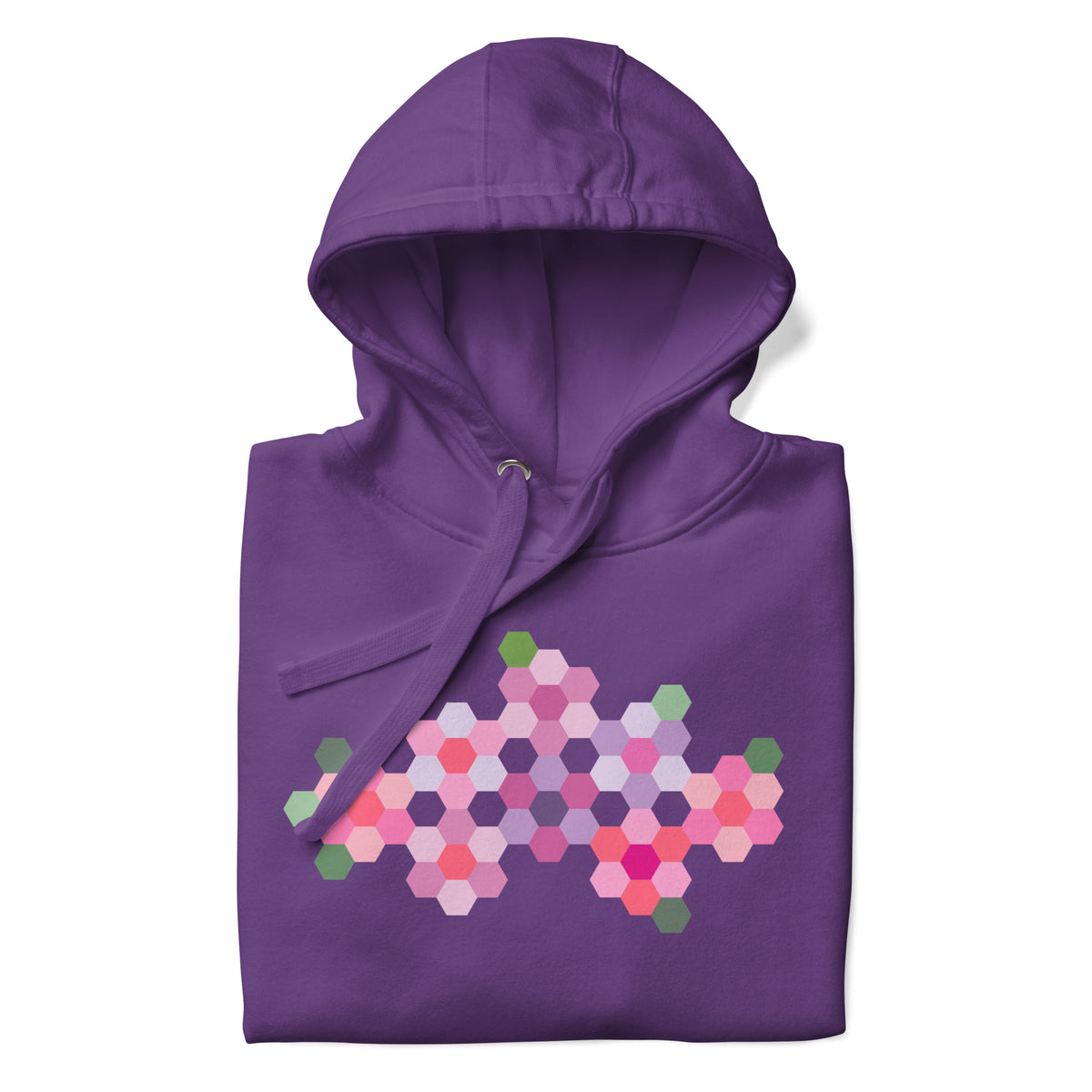 Pink GeoFlora hexagon flowers in pinks, mauves and sage on a pullover hoodie in purple, folded close-up of the design – Kate Spain design for Pat Sloan