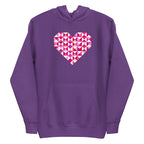 Big Patchwork Love heart pieced from pink half-square triangles on a pullover hoodie in purple, front view – Kate Spain design for Pat Sloan