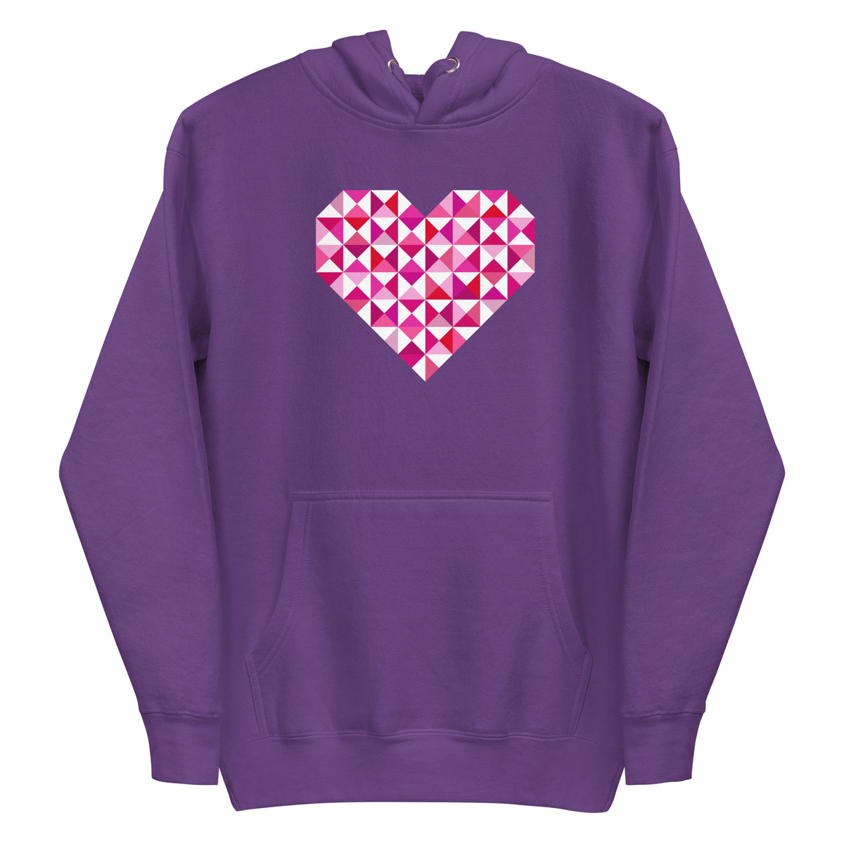 Big Patchwork Love heart pieced from pink half-square triangles on a pullover hoodie in purple, front view – Kate Spain design for Pat Sloan