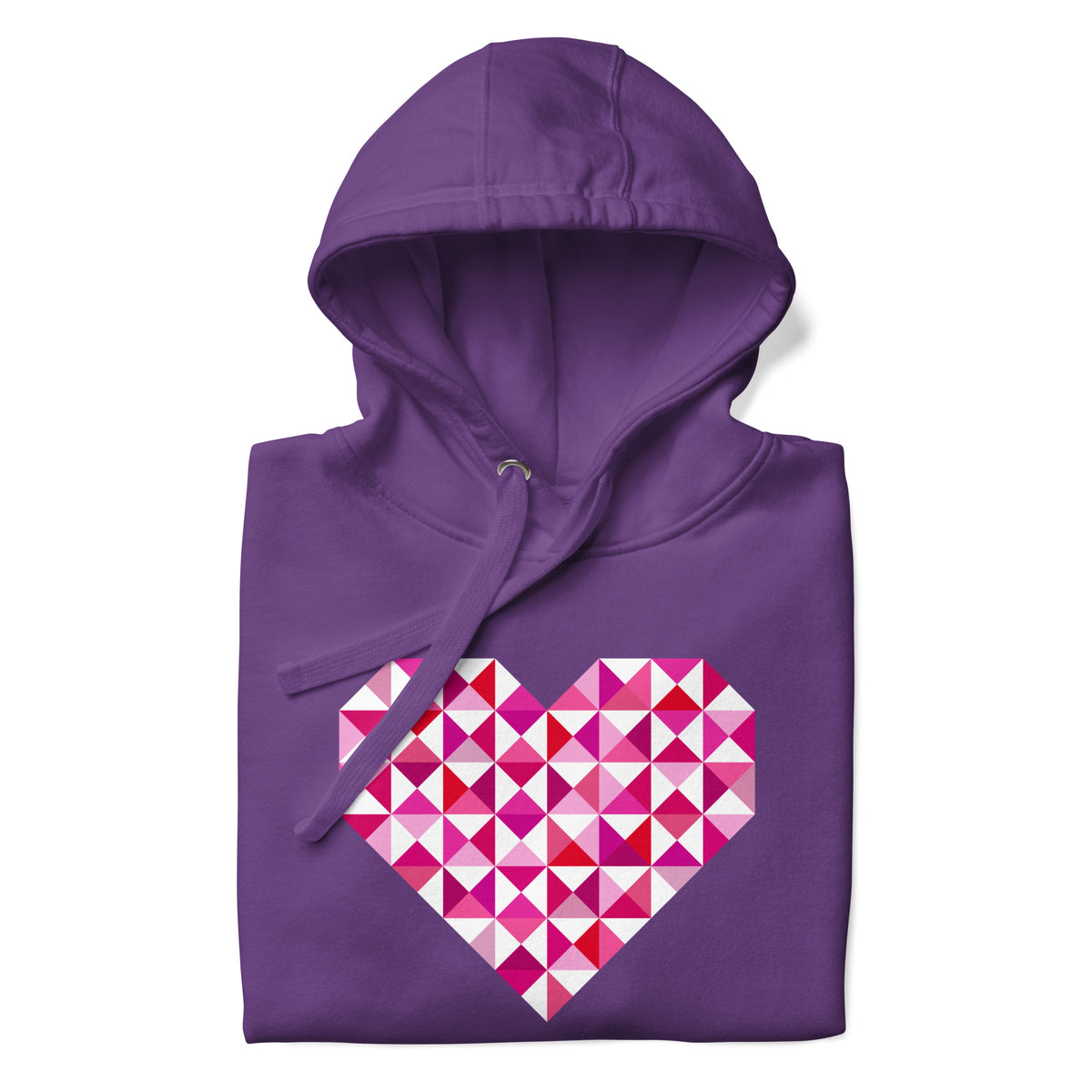 Big Patchwork Love heart pieced from pink half-square triangles on a pullover hoodie in purple, folded close-up of the design – Kate Spain design for Pat Sloan