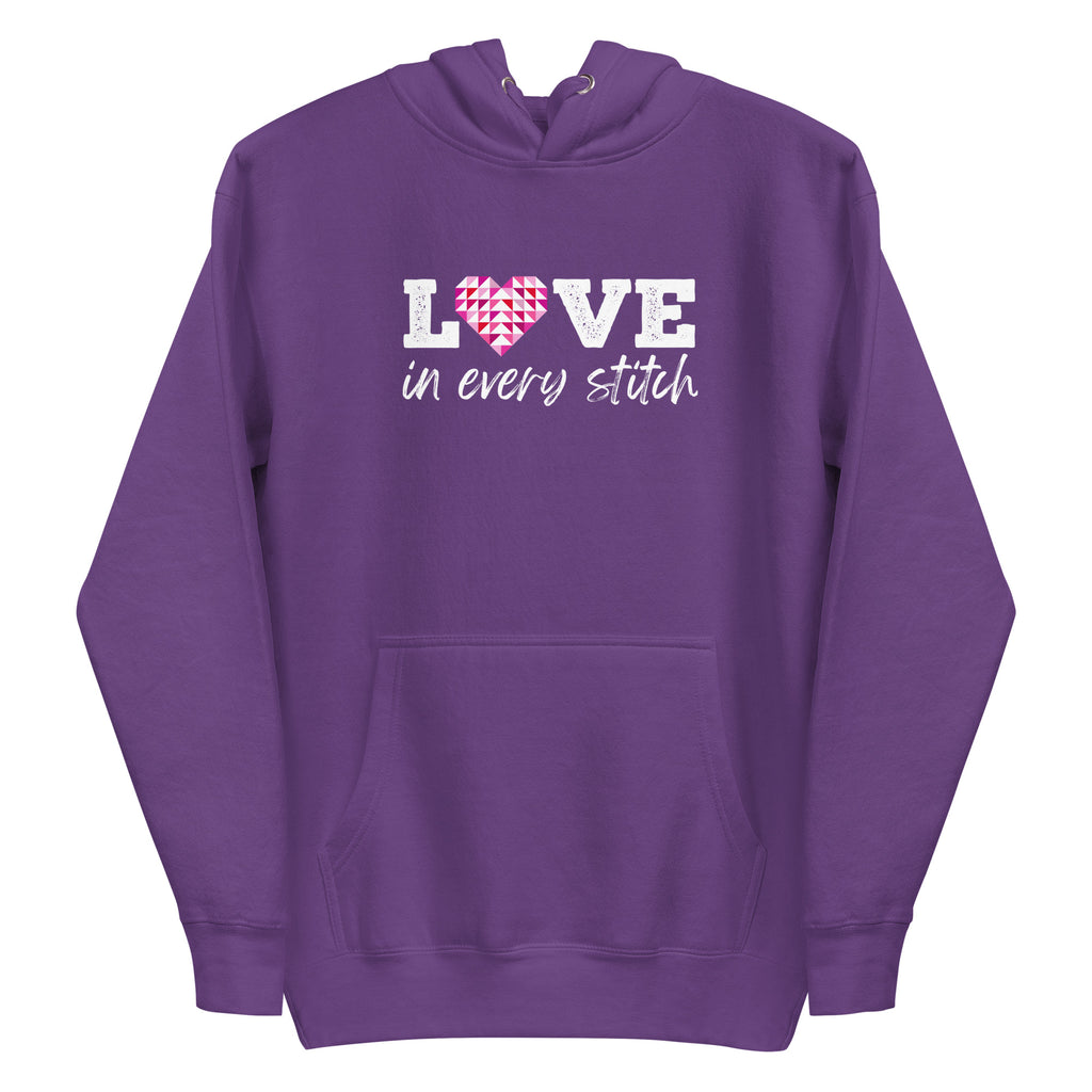 Love in Every Stitch distressed lettering on a pullover hoodie in purple, front view – Kate Spain design for Pat Sloan