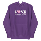 Love in Every Stitch distressed lettering on a pullover hoodie in purple, front view – Kate Spain design for Pat Sloan