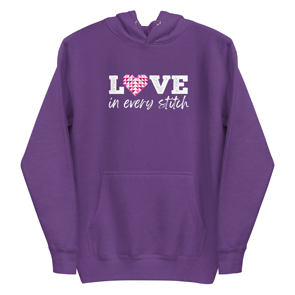 Love in Every Stitch distressed lettering on a pullover hoodie in purple, front view – Kate Spain design for Pat Sloan