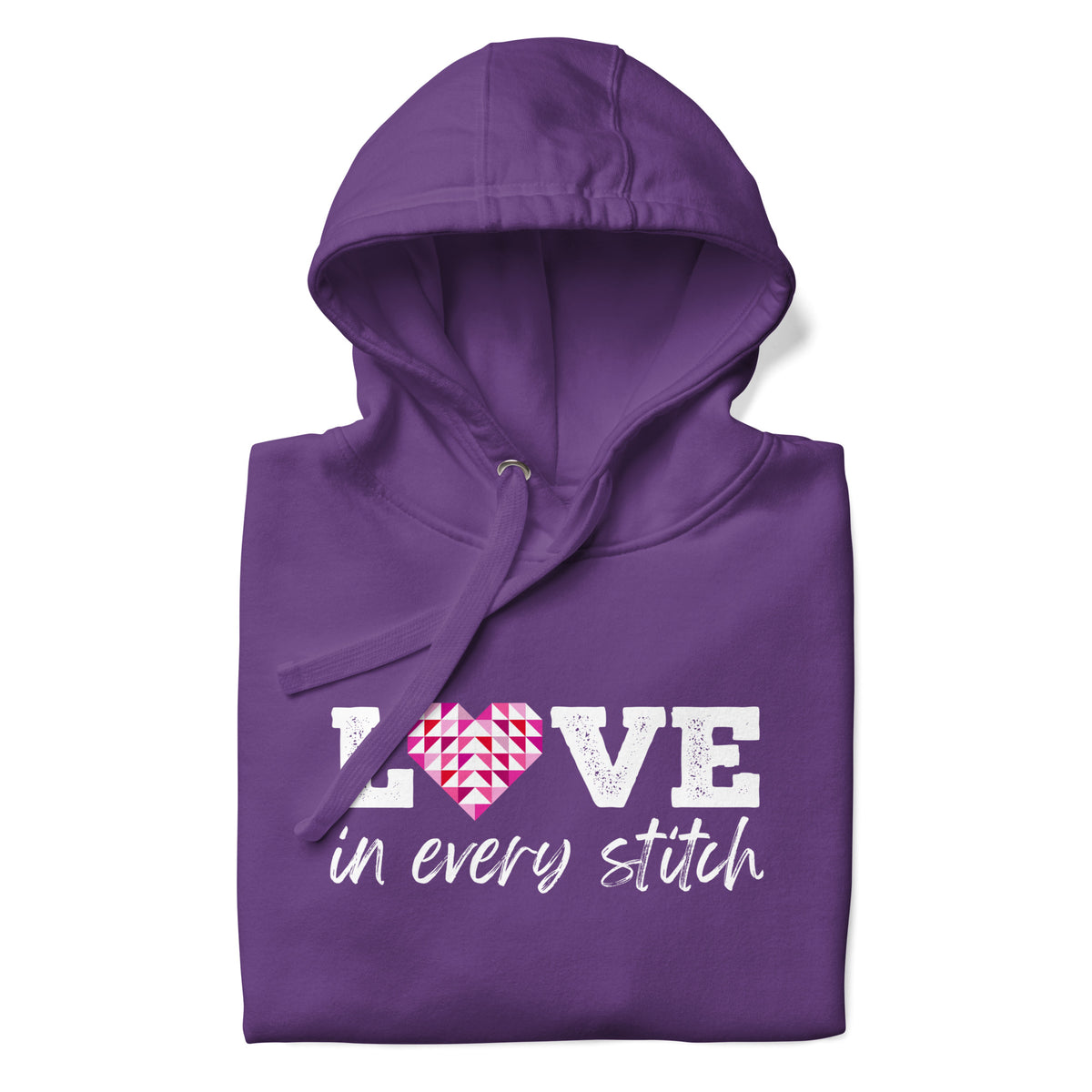 Love in Every Stitch distressed lettering on a pullover hoodie in purple, folded close-up of the design – Kate Spain design for Pat Sloan