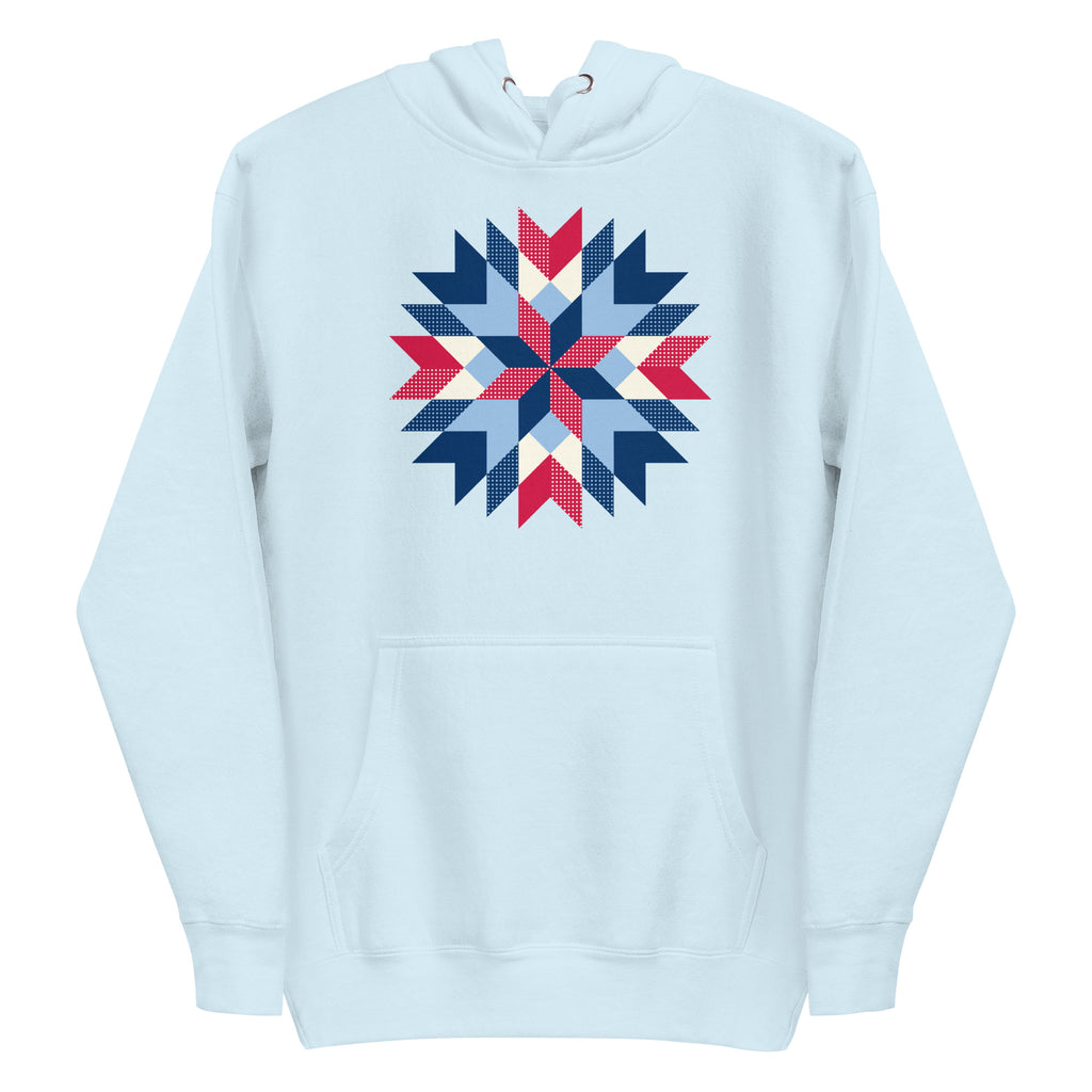 Barn Star quilt block in red, white and blue on a pullover hoodie in sky blue, front view – Kate Spain design for Pat Sloan