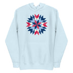 Barn Star quilt block in red, white and blue on a pullover hoodie in sky blue, front view – Kate Spain design for Pat Sloan
