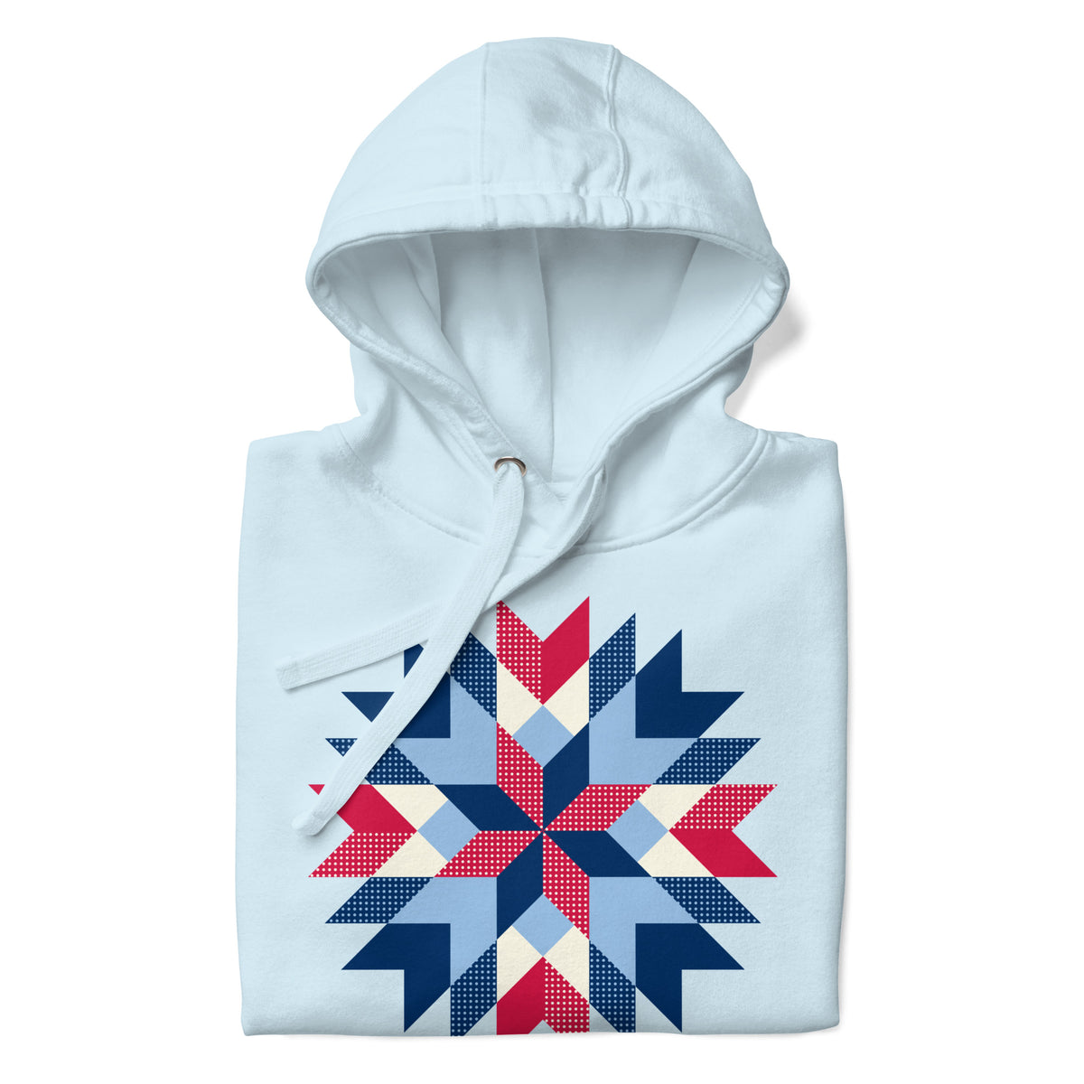 Barn Star quilt block in red, white and blue on a pullover hoodie in sky blue, folded close-up of the design – Kate Spain design for Pat Sloan