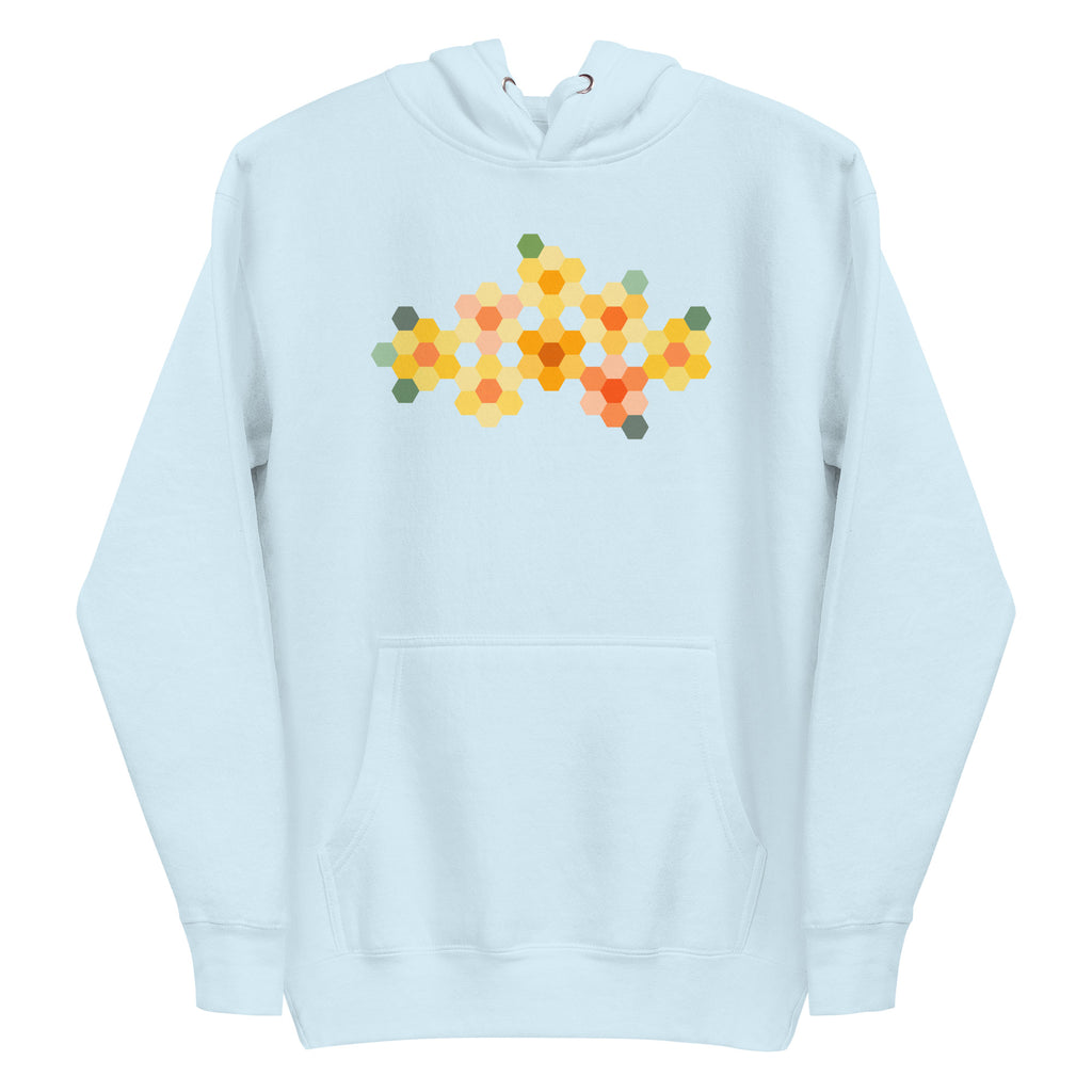 Yellow GeoFlora hexagon flowers in golden yellow, orange, coral and sage on a pullover hoodie in sky blue, front view – Kate Spain design for Pat Sloan