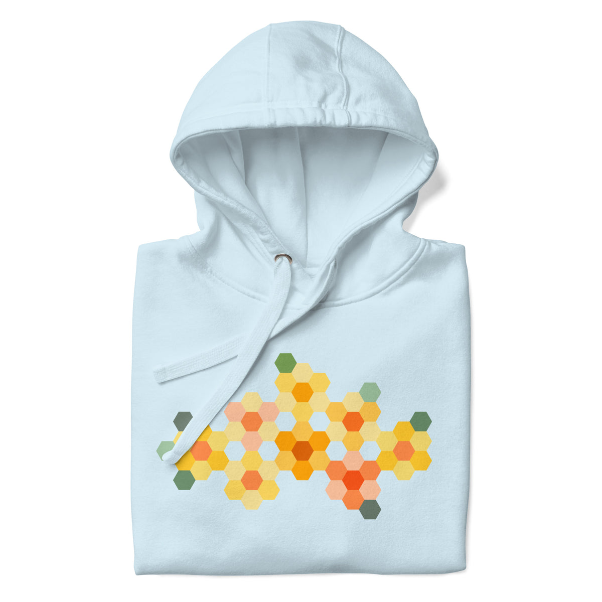 Yellow GeoFlora hexagon flowers in golden yellow, orange, coral and sage on a pullover hoodie in sky blue, folded close-up of the design – Kate Spain design for Pat Sloan
