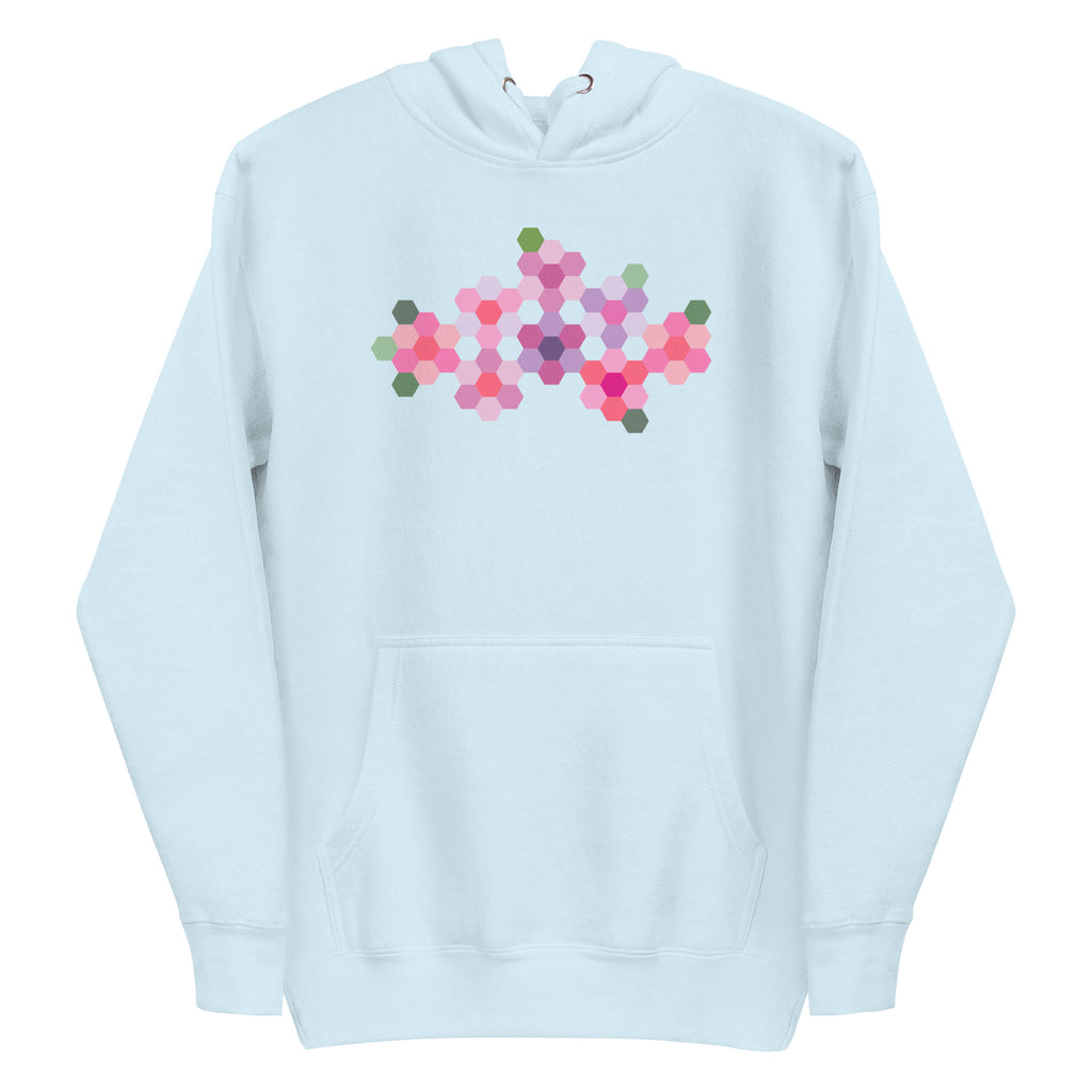 Pink GeoFlora hexagon flowers in pinks, mauves and sage on a pullover hoodie in sky blue, front view – Kate Spain design for Pat Sloan