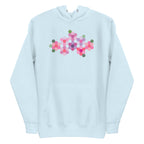 Pink GeoFlora hexagon flowers in pinks, mauves and sage on a pullover hoodie in sky blue, front view – Kate Spain design for Pat Sloan