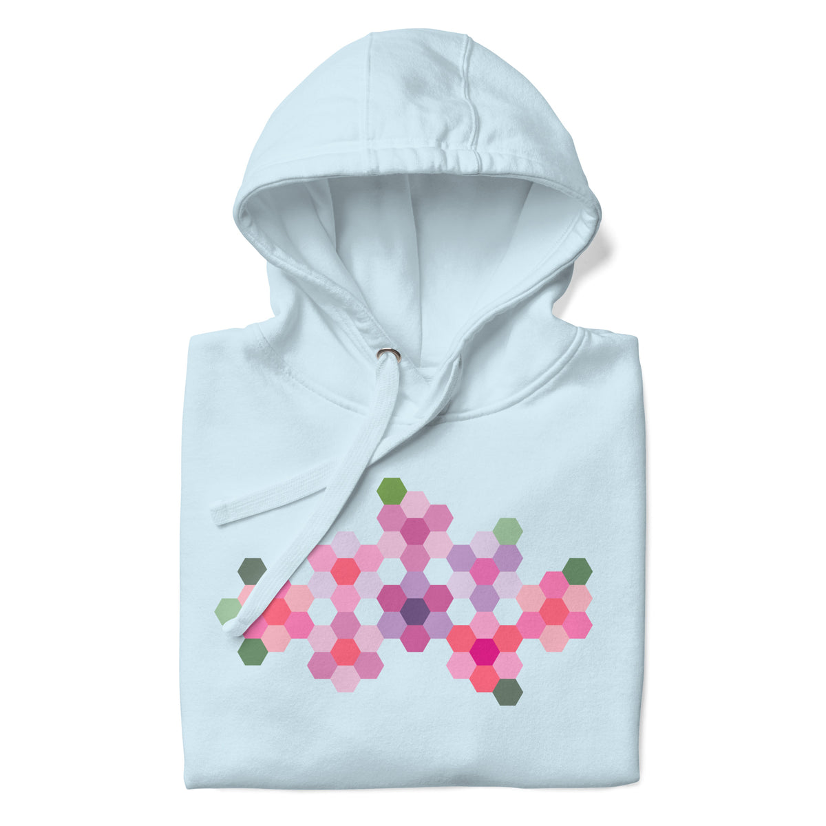 Pink GeoFlora hexagon flowers in pinks, mauves and sage on a pullover hoodie in sky blue, folded close-up of the design – Kate Spain design for Pat Sloan