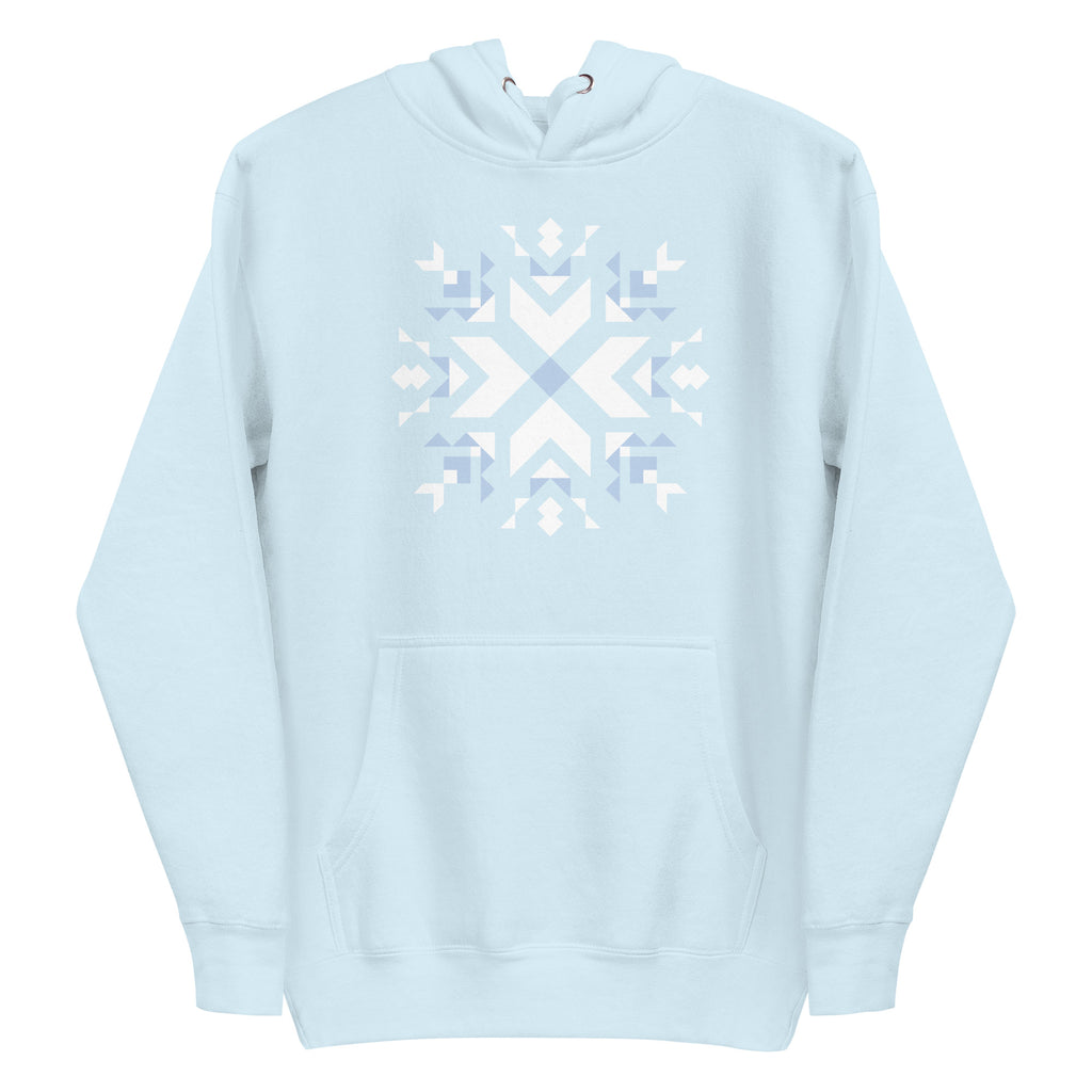 Let It Snow snowflake quilt block on a pullover hoodie in sky blue, front view – Kate Spain design for Pat Sloan