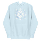 Let It Snow snowflake quilt block on a pullover hoodie in sky blue, front view – Kate Spain design for Pat Sloan