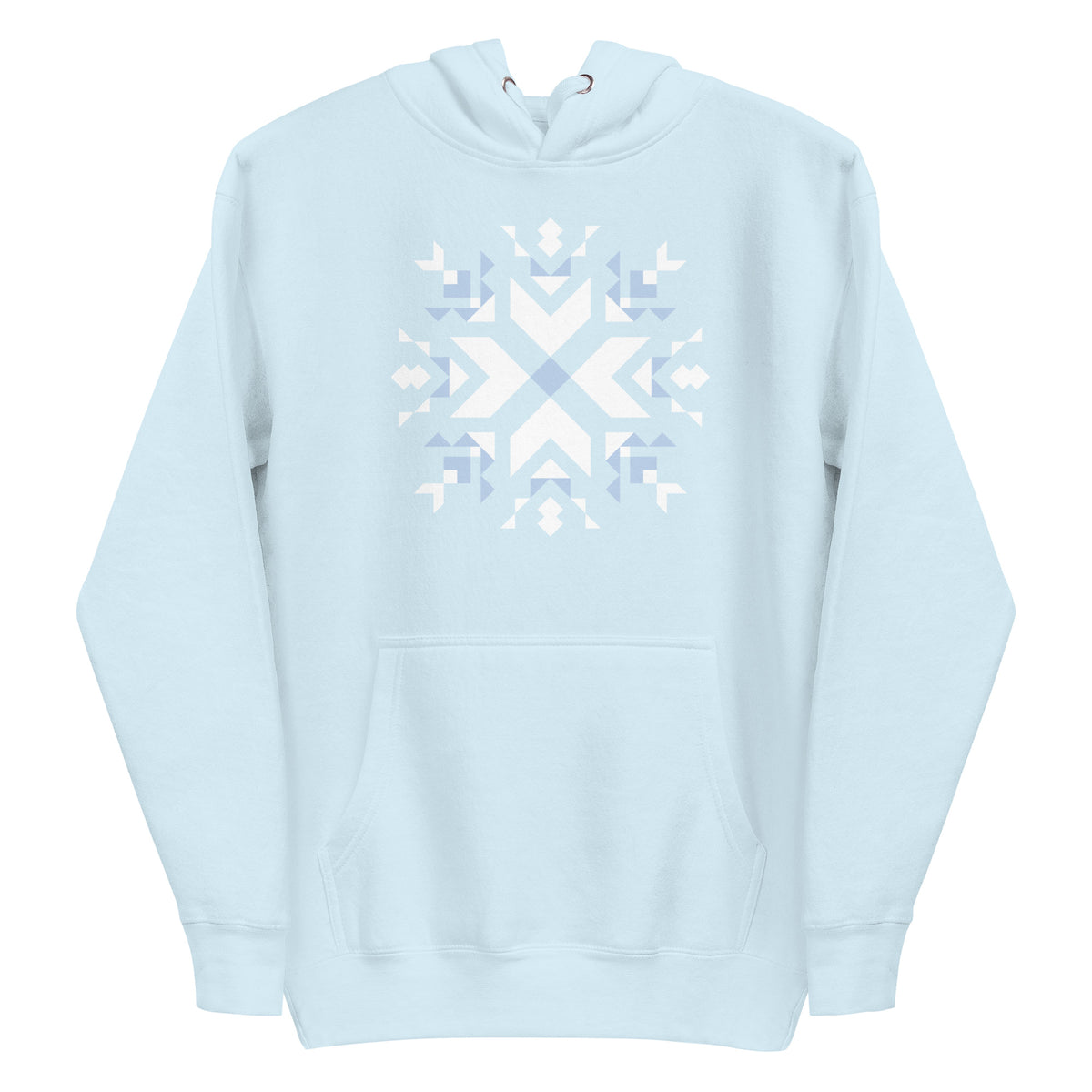 Let It Snow snowflake quilt block on a pullover hoodie in sky blue, front view – Kate Spain design for Pat Sloan