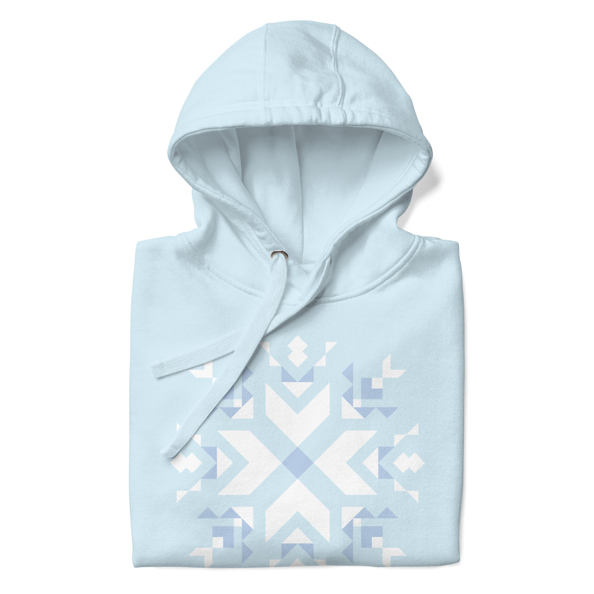 Let It Snow snowflake quilt block on a pullover hoodie in sky blue, folded close-up of the design – Kate Spain design for Pat Sloan