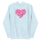 Big Patchwork Love heart pieced from pink half-square triangles on a pullover hoodie in sky blue, front view – Kate Spain design for Pat Sloan