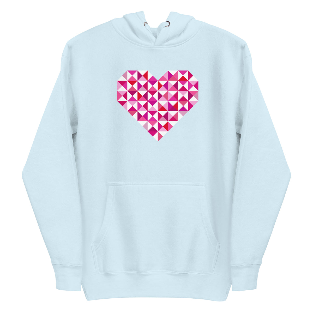 Big Patchwork Love heart pieced from pink half-square triangles on a pullover hoodie in sky blue, front view – Kate Spain design for Pat Sloan