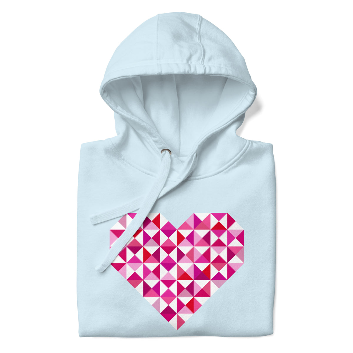 Big Patchwork Love heart pieced from pink half-square triangles on a pullover hoodie in sky blue, folded close-up of the design – Kate Spain design for Pat Sloan