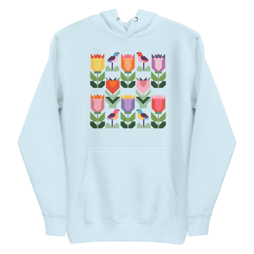 Birds + Blooms patchwork tulips and birds on a pullover hoodie in sky blue, front view – Kate Spain design for Pat Sloan
