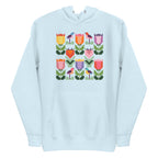 Birds + Blooms patchwork tulips and birds on a pullover hoodie in sky blue, front view – Kate Spain design for Pat Sloan