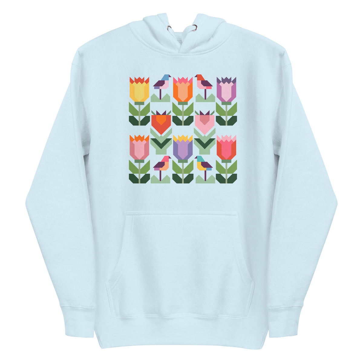Birds + Blooms patchwork tulips and birds on a pullover hoodie in sky blue, front view – Kate Spain design for Pat Sloan