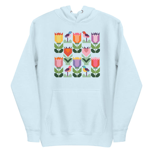 Birds + Blooms patchwork tulips and birds on a pullover hoodie in sky blue, front view – Kate Spain design for Pat Sloan