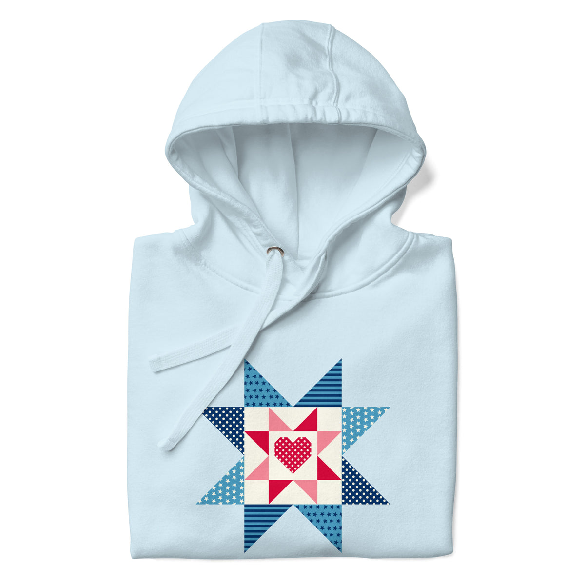 Liberty Love star quilt block with a heart in red, white and blue on a pullover hoodie in sky blue, folded close-up of the design – Kate Spain design for Pat Sloan