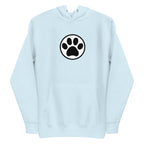 Law of the Paw® cat paw print on a pullover hoodie in sky blue, front view – Kate Spain design