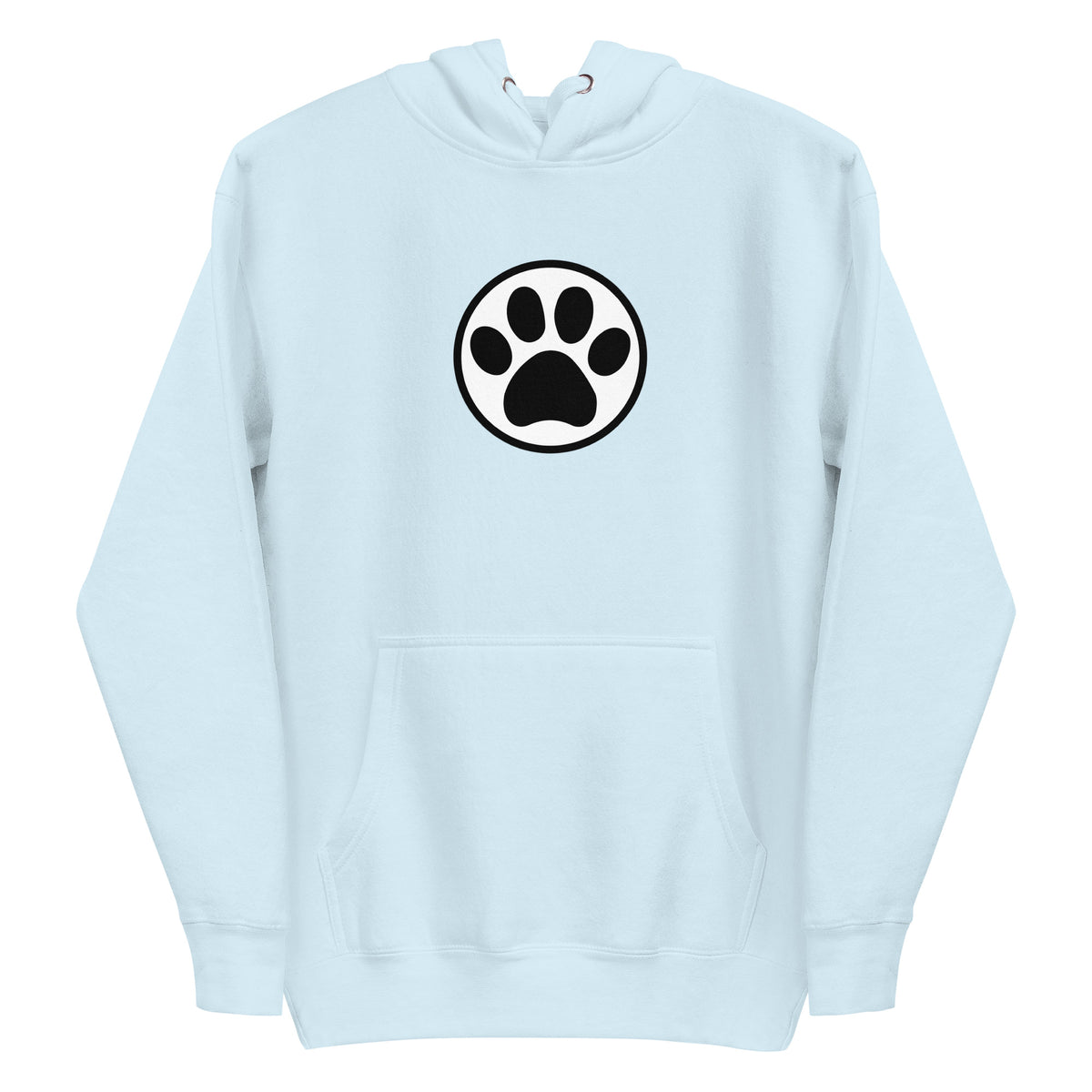 Law of the Paw® cat paw print on a pullover hoodie in sky blue, front view – Kate Spain design