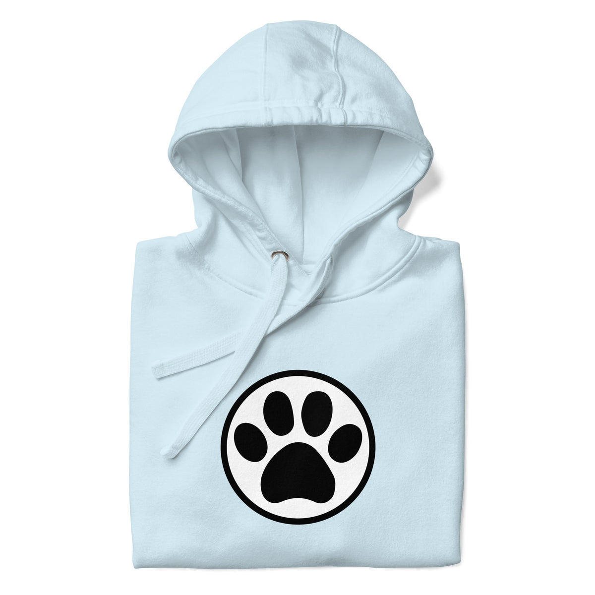 Law of the Paw® cat paw print on a pullover hoodie in sky blue, folded close-up of the design – Kate Spain design