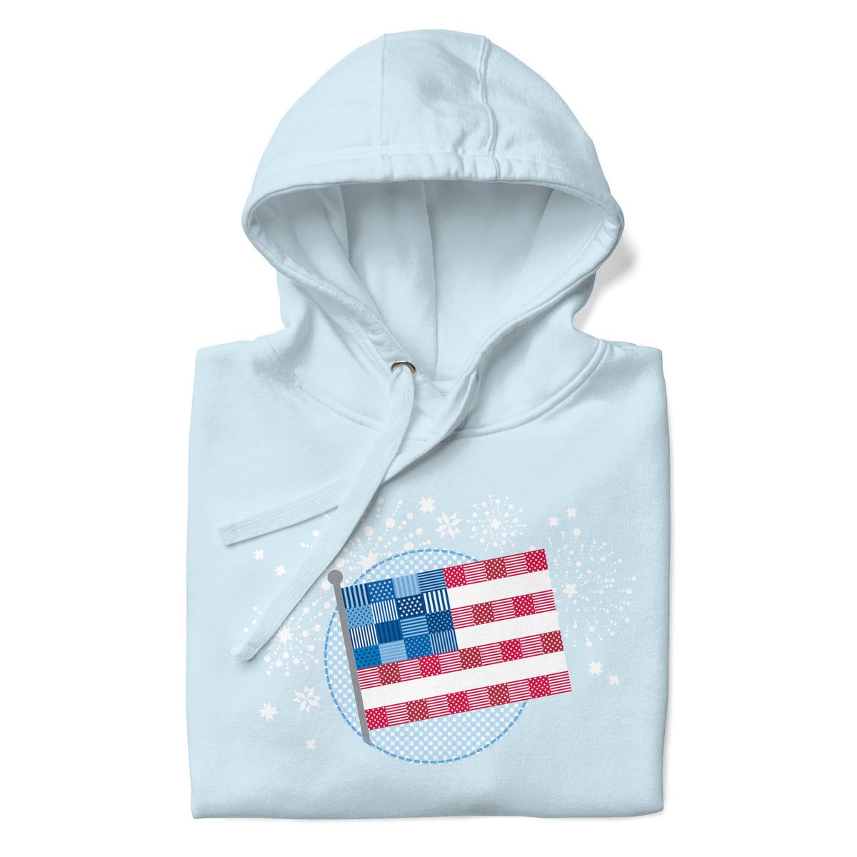 patchwork American flag in quilt fabrics on a pullover hoodie in sky blue, folded close-up of the design – Kate Spain design for Pat Sloan