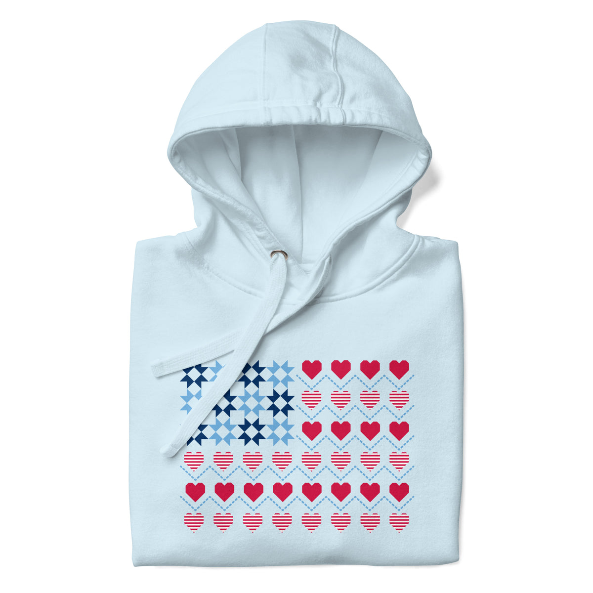 United We Quilt patchwork flag with quilt-block stars and heart stripes on a pullover hoodie in sky blue, folded close-up of the design – Kate Spain design for Pat Sloan