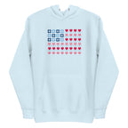 United We Quilt patchwork flag with quilt-block stars and heart stripes on a pullover hoodie in sky blue, front view – Kate Spain design for Pat Sloan
