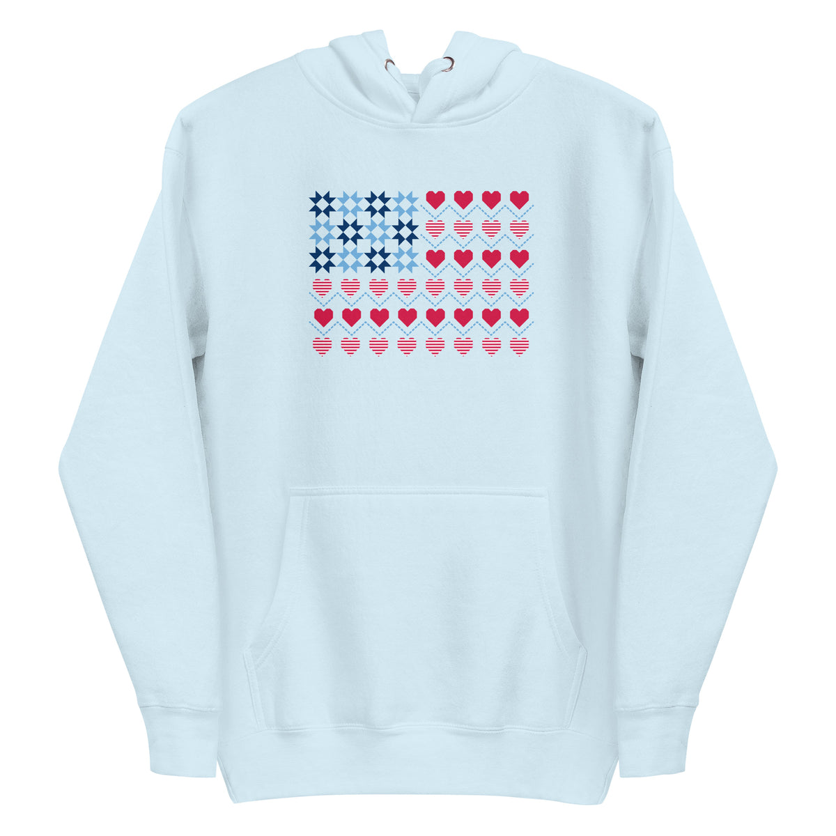 United We Quilt patchwork flag with quilt-block stars and heart stripes on a pullover hoodie in sky blue, front view – Kate Spain design for Pat Sloan