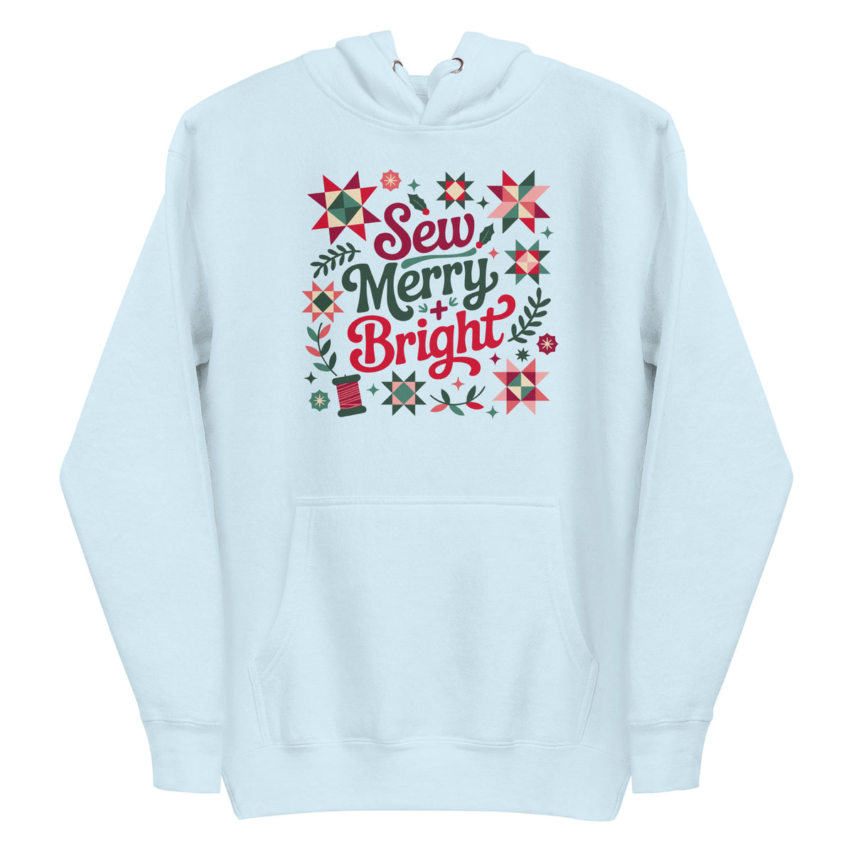 Sew Merry + Bright lettering with quilt-block stars, holly and a thread spool on a pullover hoodie in sky blue, front view – Kate Spain design for Pat Sloan