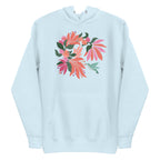 Hummingbird among coral tropical flowers on a pullover hoodie in sky blue, front view – Kate Spain design
