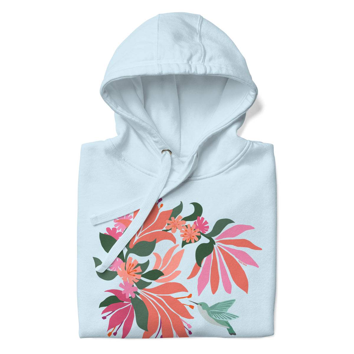 Hummingbird among coral tropical flowers on a pullover hoodie in sky blue, folded close-up of the design – Kate Spain design